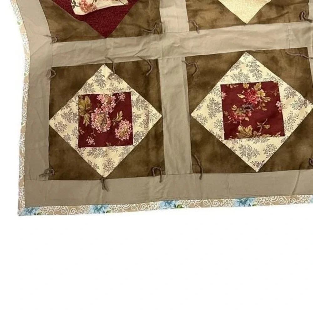 Vintage Patchwork Quilt 66x82 Burgundy Floral Cottage Farmhouse Throw